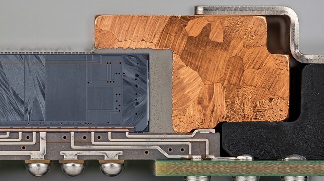 Cross Section of Advanced Semiconductor Package with Copper Thermal Structure and Interconnects