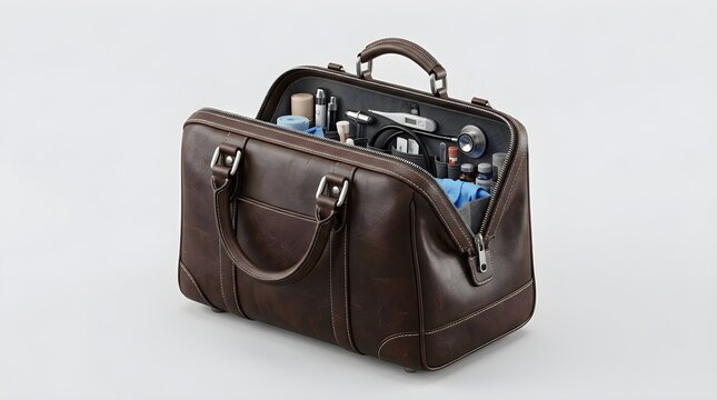 Leather medical tool bag open displaying first aid supplies and instruments on neutral background