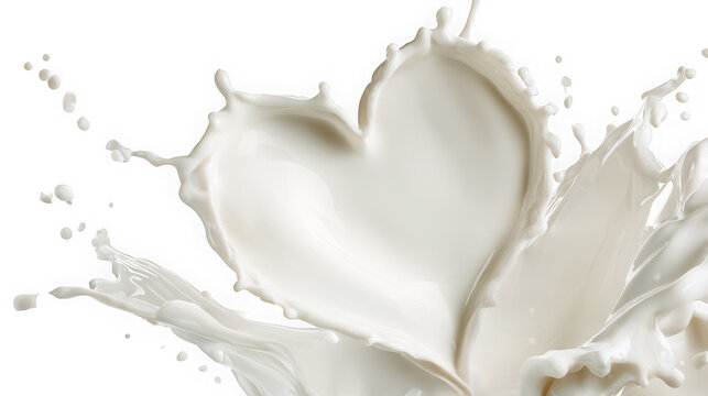 A heart shaped splash of fresh white milk on white background