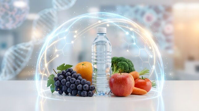 Healthy food and water bottle inside transparent protective shield for wellness and immunity content