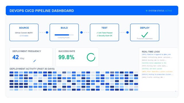 Devops pipeline dashboard displaying automated software deployment progress, continuous integration workflow, system monitoring metrics and technical performance analytics