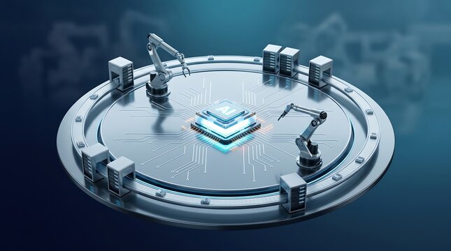 Intelligent robotic arms assembling advanced processor chip on circular industrial platform with glowing blue circuit lines and server racks in high-tech research facility