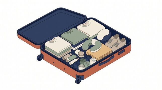Open travel suitcase packed with folded clothes and travel accessories in isometric flat style