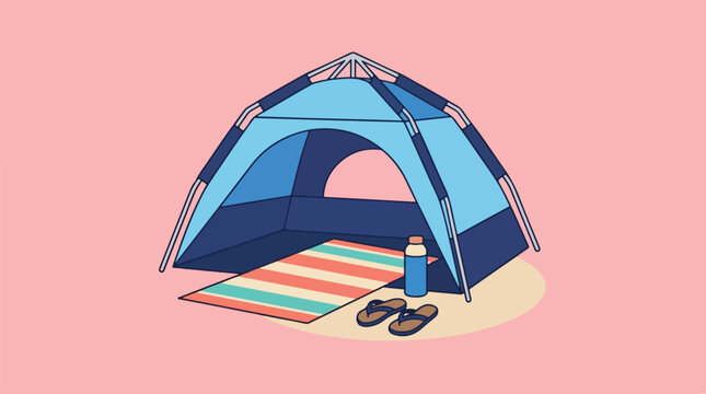 A colorful blue camping shelter stands ready for outdoor adventures featuring a striped mat and sandals resting on sand during a sunny day filled with pleasant vacation memories