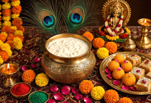 Traditional Hindu Religious Offering Setup With Sweets And Decorations