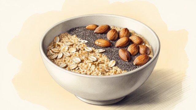 Healthy Breakfast Bowl with Oats, Chia Seeds, and Almonds