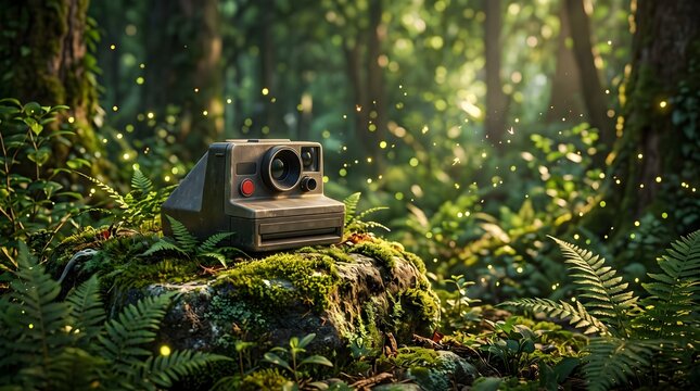 Vintage instant camera sitting peacefully upon a mossy forest stone surrounded by glowing magical fireflies in a lush green woodland setting captured with soft natural cinematic lighting and beautiful