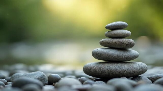 Perfectly balanced zen stone stack on a pebble beach, symbolizing harmony and peace.