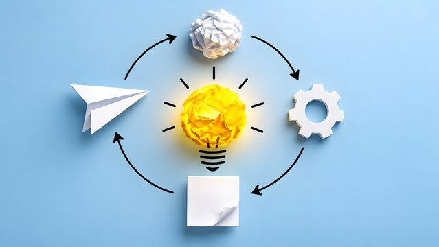 Conceptual diagram illustrating the process of generating ideas from initial thought to implementation with a lightbulb representing innovation and gears symbolizing execution on a blue background.