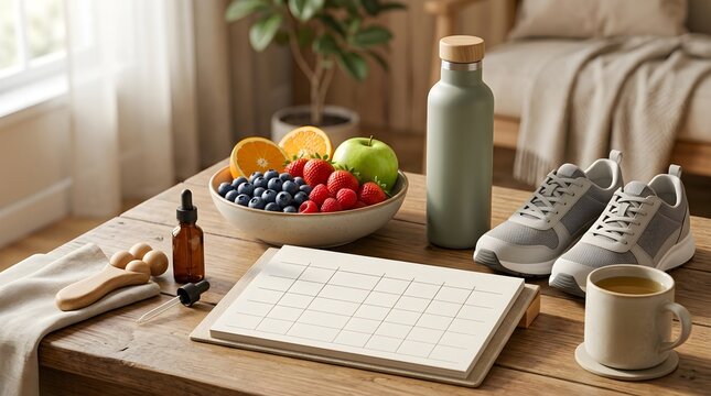 Health-conscious adult arranging wellness-focused breakfast on wooden table with copy space