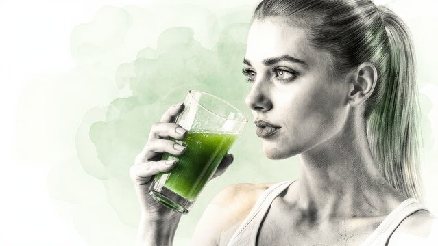Healthy Woman Enjoying Green Juice with Fresh Ingredients Background