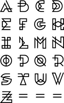 Thin linear monoline alphabet font featuring overlapping geometric shapes and sharp angles, ideal for modern logos, minimal tattoo designs, architectural headers, and boho branding.