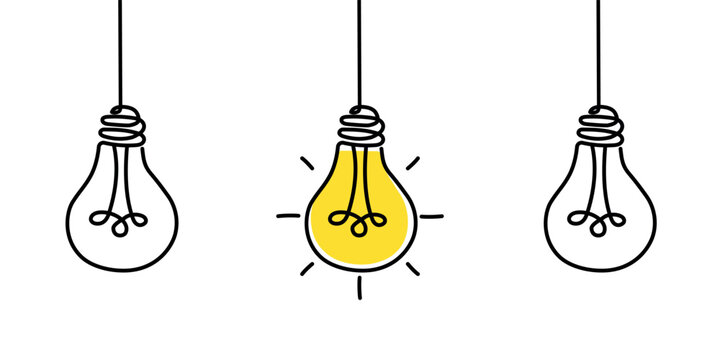 Three hanging line-art doodle lightbulbs, with the center one glowing yellow to symbolize a brilliant idea. Concept illustration vector design.