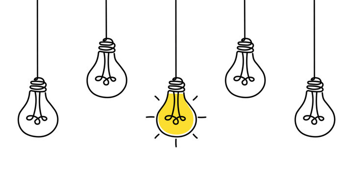 Five hanging line-art lightbulb doodle Illustration, with the center one glowing yellow to symbolize a brilliant idea. Concept clipart vector design. 