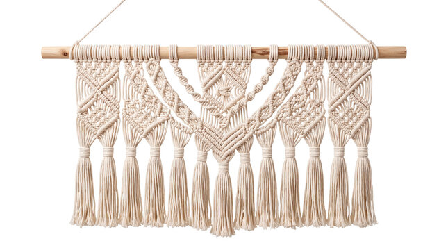 Bohemian macrame wall hanging with intricate knots, cream cotton textile art on wooden dowel, handmade boho home decor isolated on white background