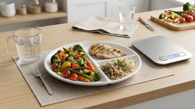 Balanced meal plate with grilled chicken, vegetables, and quinoa on kitchen counter for portion control demonstration