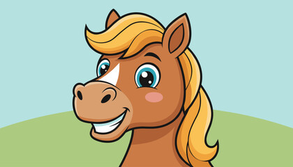 Obraz premium Close up portrait of a cheerful brown cartoon horse with a blonde mane against a sky background.