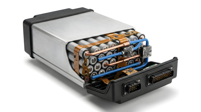 Advanced EV battery assembly with exposed cylindrical cells, thermal cooling channels, copper piping and compact metal enclosure