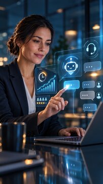 Business professional using advanced ai chatbot interface on laptop screen for digital client support operations