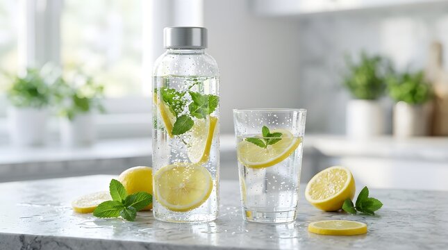 Infused water bottle with lemon and mint slices on modern kitchen countertop