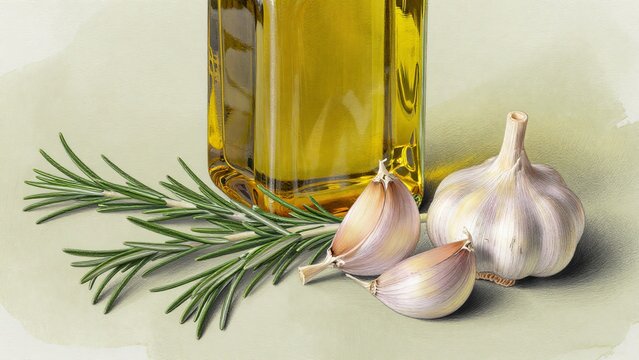 Olive oil bottle with garlic and rosemary on a green background