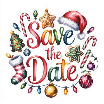 Festive watercolor illustration with 'Save the Date' text and Christmas decorations on white.