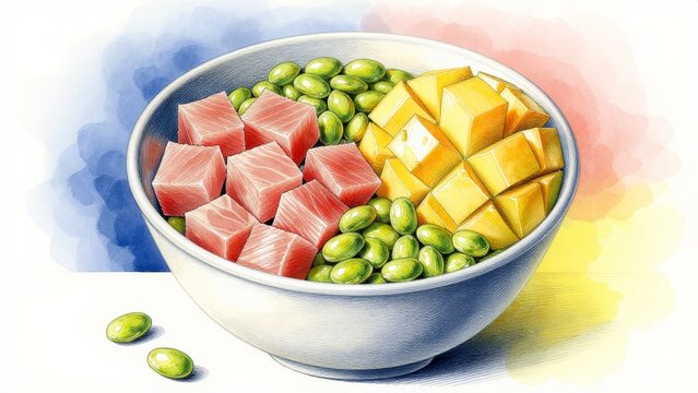 Colorful Bowl of Fresh Tuna, Mango and Edamame on White Background