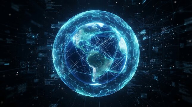 Glowing digital globe showing earth surrounded by data networks and futuristic technology interface with data network blue light digital map technology futuristic global network connection