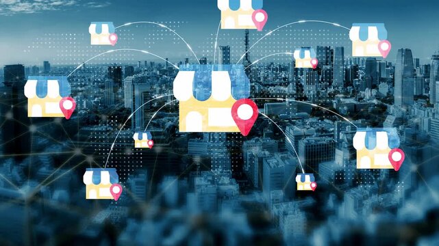 Abstract representation of a modern urban landscape with multiple online shopping icons and location pins indicating delivery services Gluon.