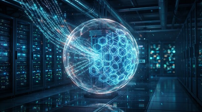 Glowing digital sphere with data stream flowing through a futuristic server room data network blue light technology futuristic connection communication abstract innovation intelligence