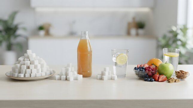 Health-conscious adult comparing sugar cubes to fresh fruit and natural beverages on a kitchen counter