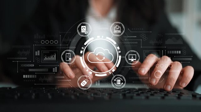Business professional using technology and digital interface for cloud computing, data analytics, and online collaboration tools in modern workspace. Entropy.