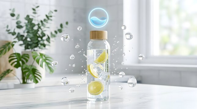 Clear glass water bottle with lemon slices releasing refreshing droplets in bright indoor setting with copy space