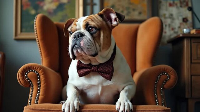 Dignified bulldog wearing a stylish bow tie, sitting comfortably in an armchair.
