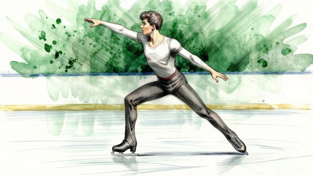 Male Figure Skater Performing Graceful Routine on Ice Rink