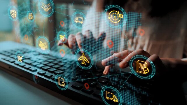 Digital Transformation Concept with Hands Typing on Keyboard Surrounded by Floating Icons Representing Online Commerce and Connectivity. Entropy.
