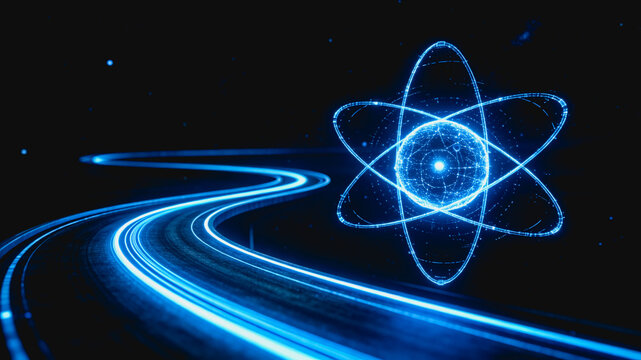 A glowing digital atomic model with light trails, representing quantum physics and modern technology in a dark space setting.