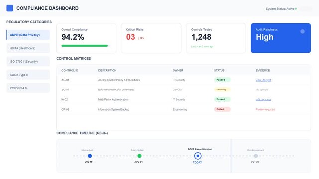 digital compliance dashboard displaying performance metrics, data analytics, risk management, business tracking, and status reports