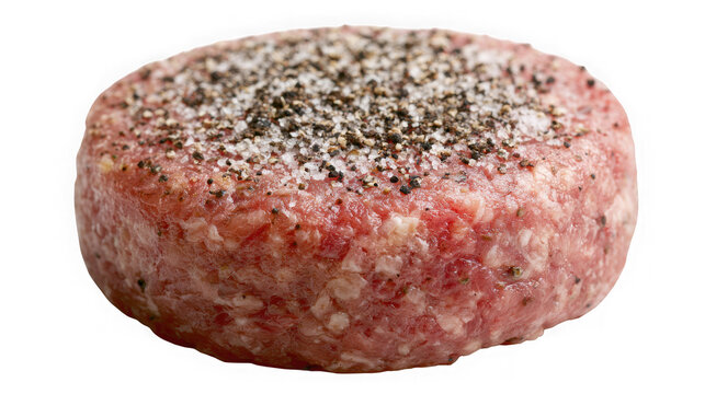 Raw seasoned beef patty isolated on white background