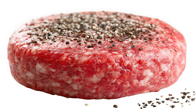 A raw ground beef patty seasoned with coarse black pepper
