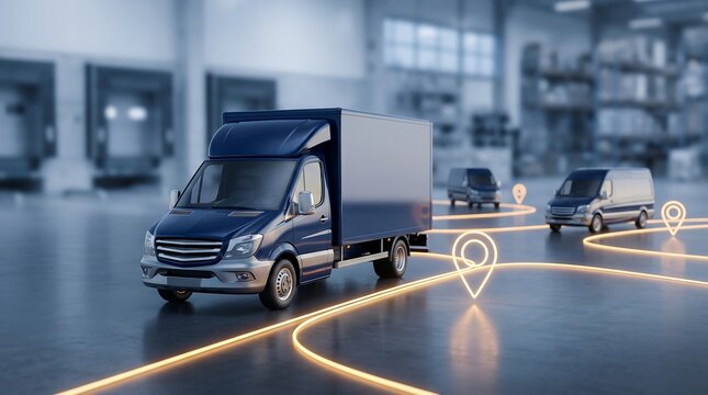 Blue delivery van driving through warehouse with glowing digital location pins representing supply chain logistics and route optimization technology in modern smart industrial distribution center