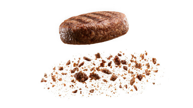 Grilled beef patty falling with scattered meat crumbs