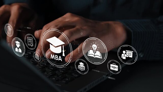 Business education concept with hands typing on laptop keyboard showcasing digital icons related to MBA, books, learning and professional growth. Entropy.