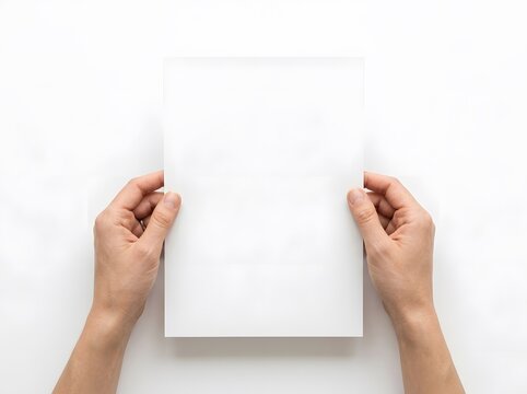 Hands holding a blank white paper sheet isolated on white background