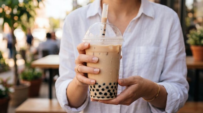 Woman holding a refreshing bubble tea drink with tapioca pearls.