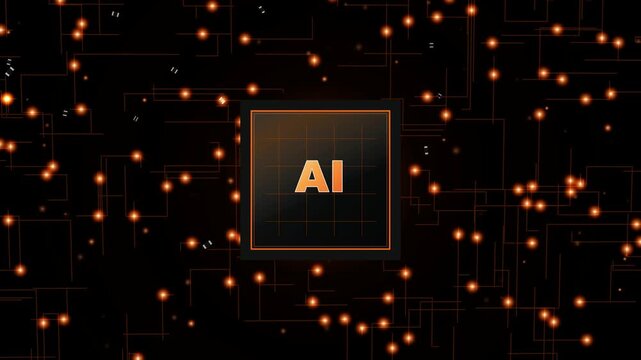 Abstract digital background featuring glowing orange nodes and lines with AI emblem