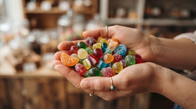 Hands holding a pile of colorful gummy candies in a store