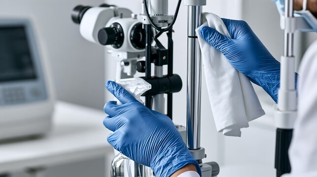 Medical professional cleaning ophthalmic equipment, isolated on transparent background. Essential hygiene practices for clinical office safety and equipment maintenance.