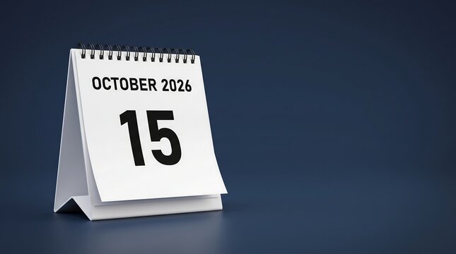 October 15 2026 desk calendar page, white spiral flip calendar showing fifteenth day of the month, minimalist paper date tracker on dark blue background, professional schedule planning tool