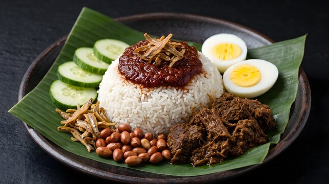Fragrant nasi lemak served with spicy sambal beef rendang boiled eggs crispy anchovies crunchy peanuts and fresh cucumber slices arranged beautifully on a traditional green banana leaf plate for dinne